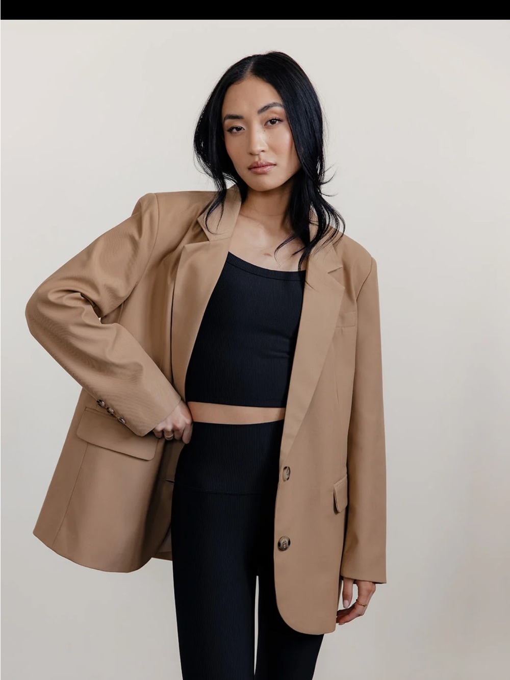 Women's Tan Single-Breasted Blazer Jacket